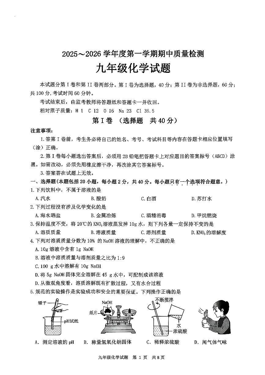 山东省泰安市东平县2025—2026学年九年级上学期期中质量检测化学试卷第1页