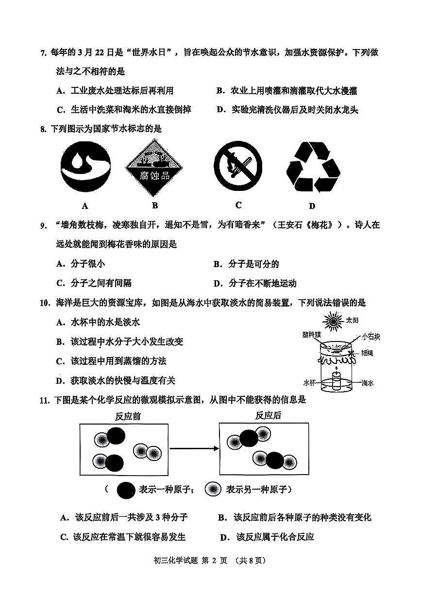 山东省淄博市张店区2025-2026学年八年级上学期期中考试化学试题第2页