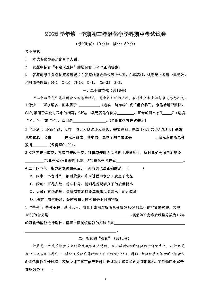 上海市新北郊初级中学2025-2026学年九年级上学期期中考试化学试卷第1页