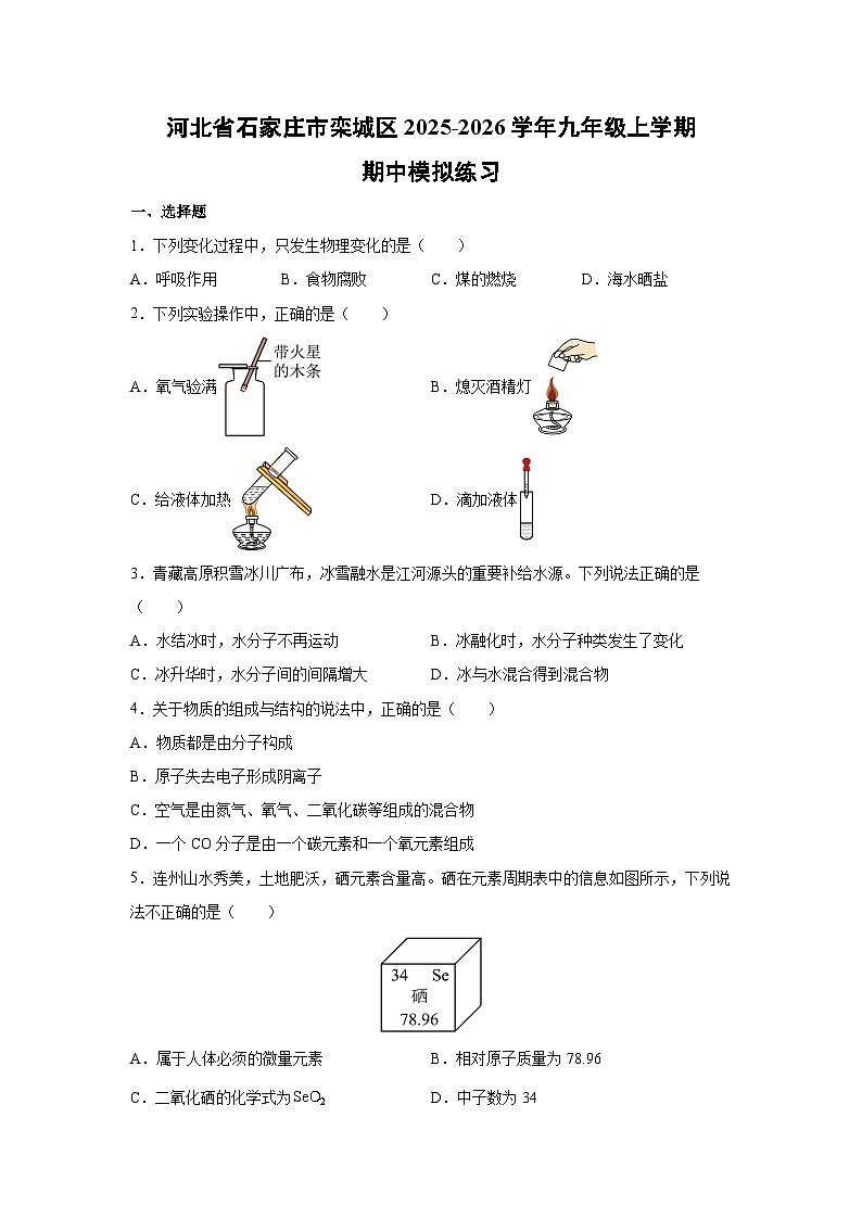 河北省石家庄市栾城区2025-2026学年九年级上学期期中模拟练习化学试卷（学生版）第1页