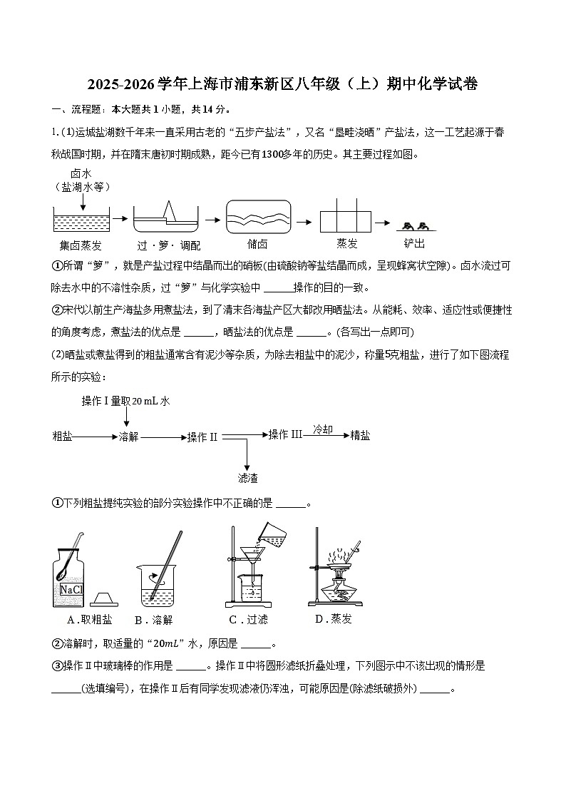2025-2026学年上海市浦东新区八年级（上）期中化学试卷（含答案）第1页