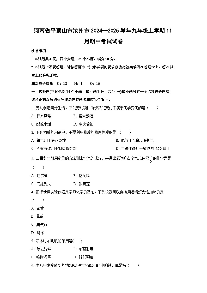 河南省平顶山市汝州市2024--2025学年九年级上学期11月期中考试化学试卷（学生版）第1页