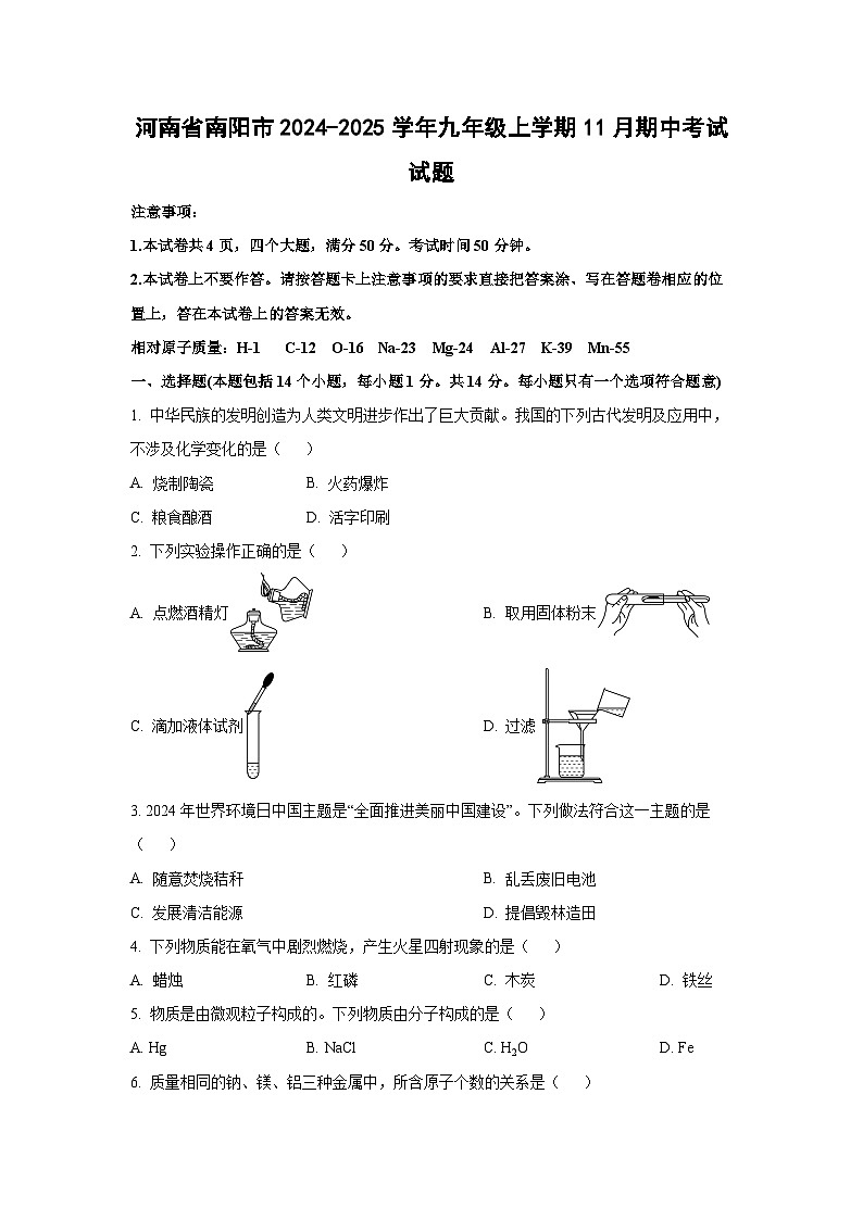 河南省南阳市2024-2025学年九年级上学期11月期中考试化学试题（学生版）第1页