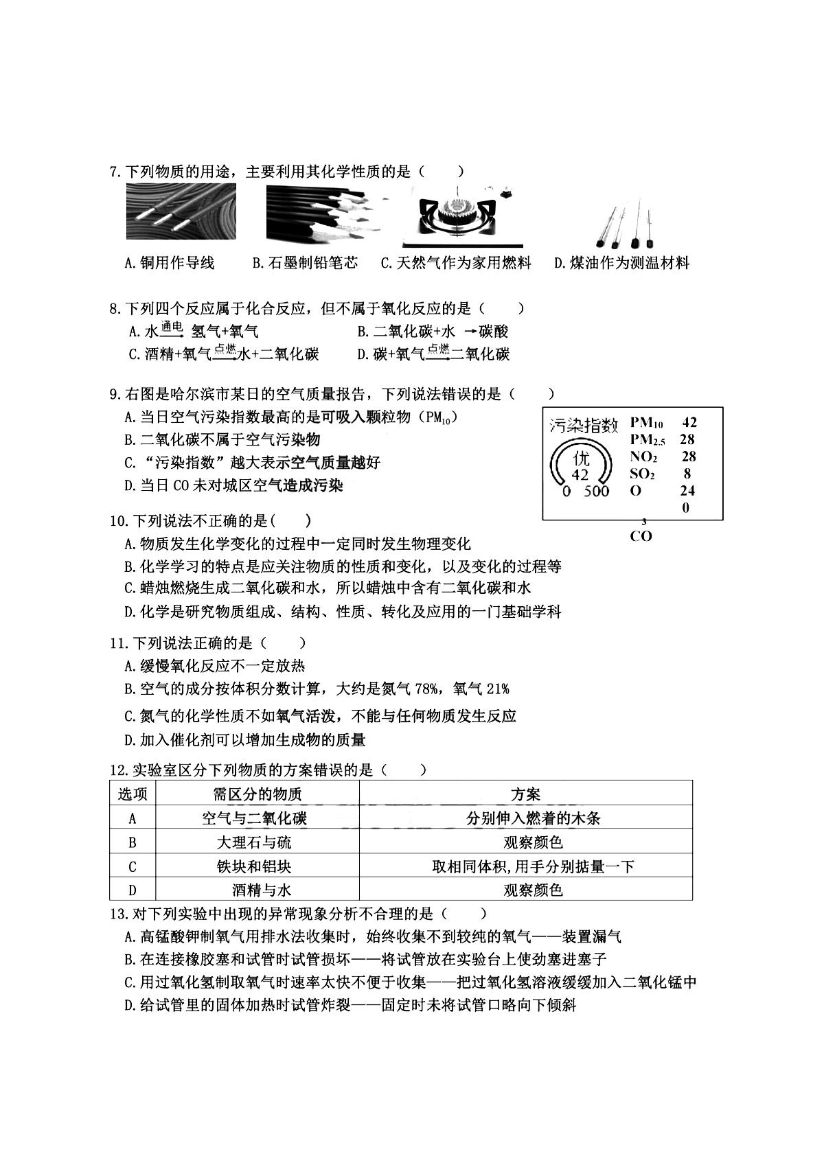2025年哈尔滨工业大学附属中学八年级上学期化学期中试卷及答案第2页