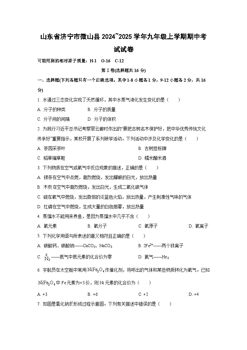 山东省济宁市微山县2024~2025学年九年级上学期期中考试化学试卷（学生版）第1页