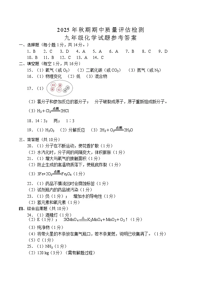 2025年秋期中九年级化学参考答案第1页