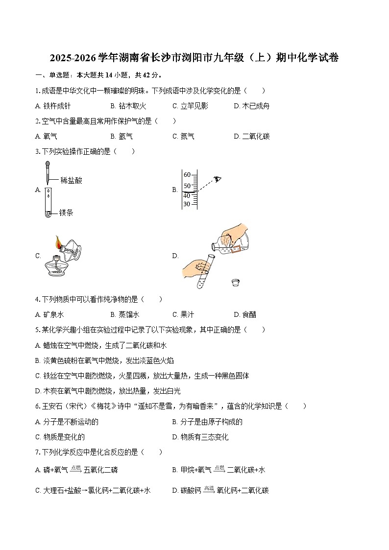 2025-2026学年湖南省长沙市浏阳市九年级（上）期中化学试卷-自定义类型第1页