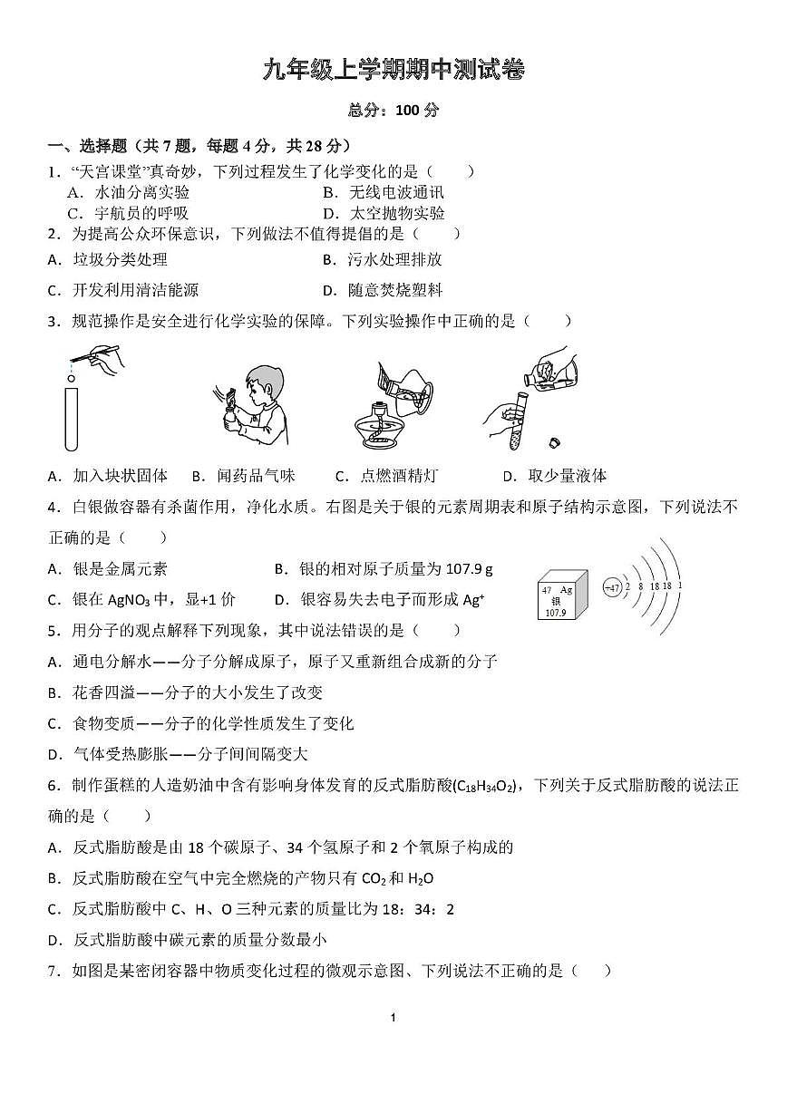 四川省资阳市2025-2026学年九年级上学期11月期中化学试题第1页