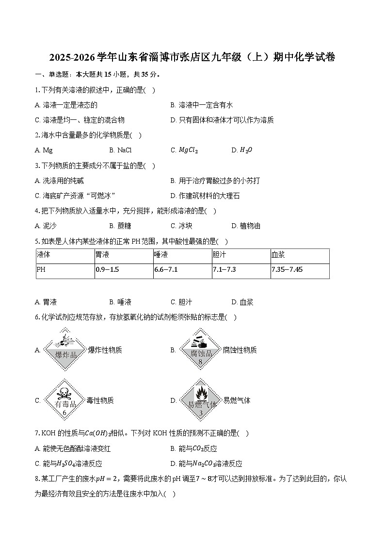 2025-2026学年山东省淄博市张店区九年级（上）期中化学试卷第1页