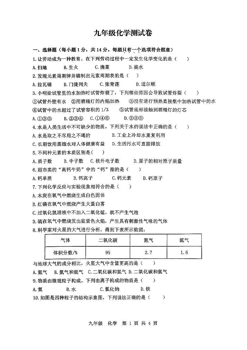 河南省鹤壁市浚县五校2025-2026学年九年级上学期第二次联考化学测试卷（月考）第1页