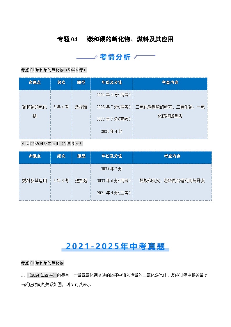 专题04   碳和碳的氧化物、燃料及其应用（原卷版）第1页