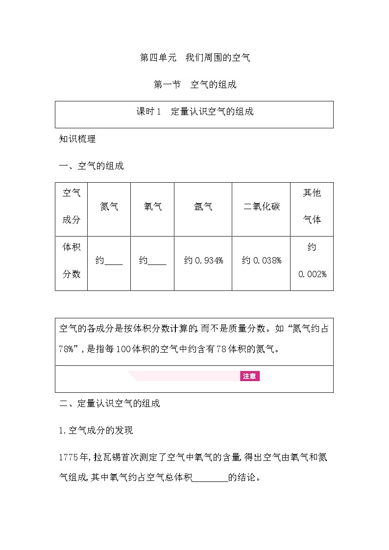 第四单元我们周围的空气  知识清单 （含答案）初中化学鲁教版（五四制）（2024）八年级全一册第1页