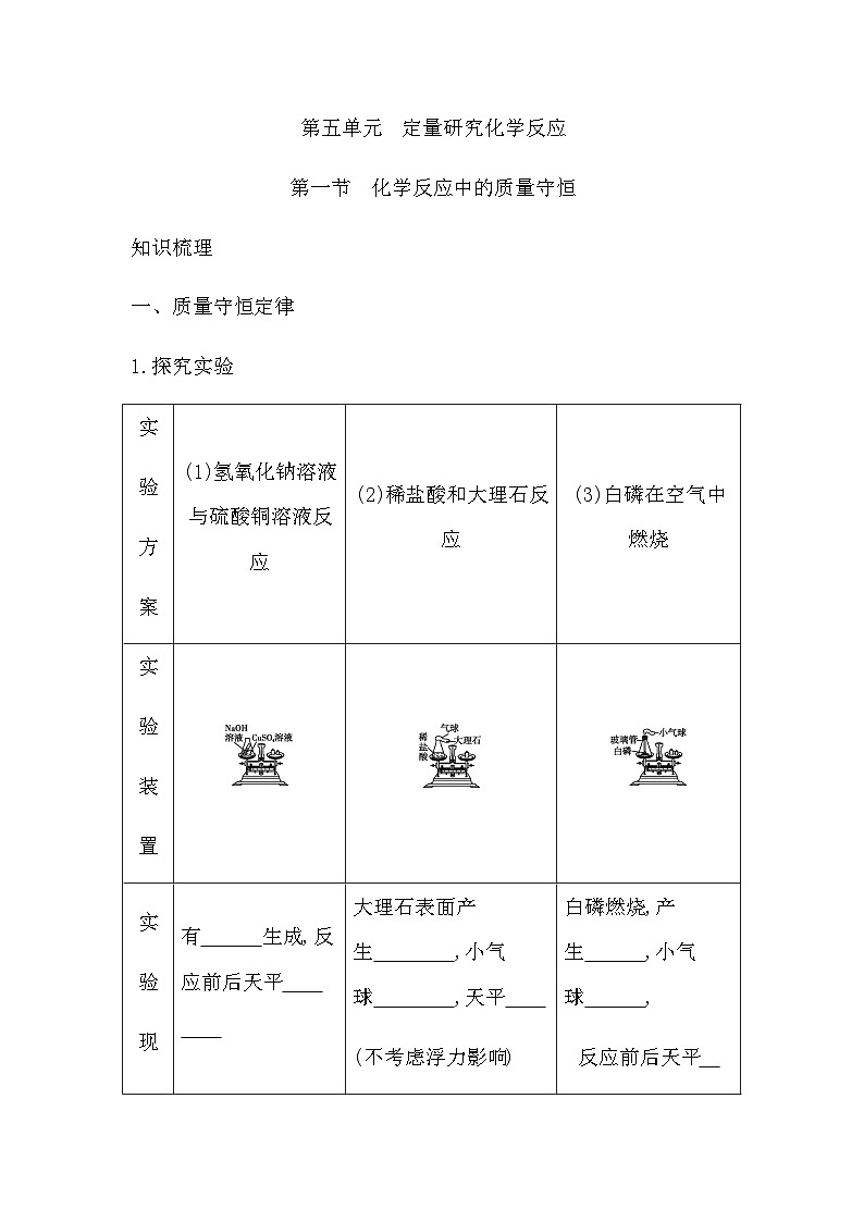 第五单元定量研究化学反应  知识清单（含答案）  初中化学鲁教版（五四制）（2024）八年级全一册第1页