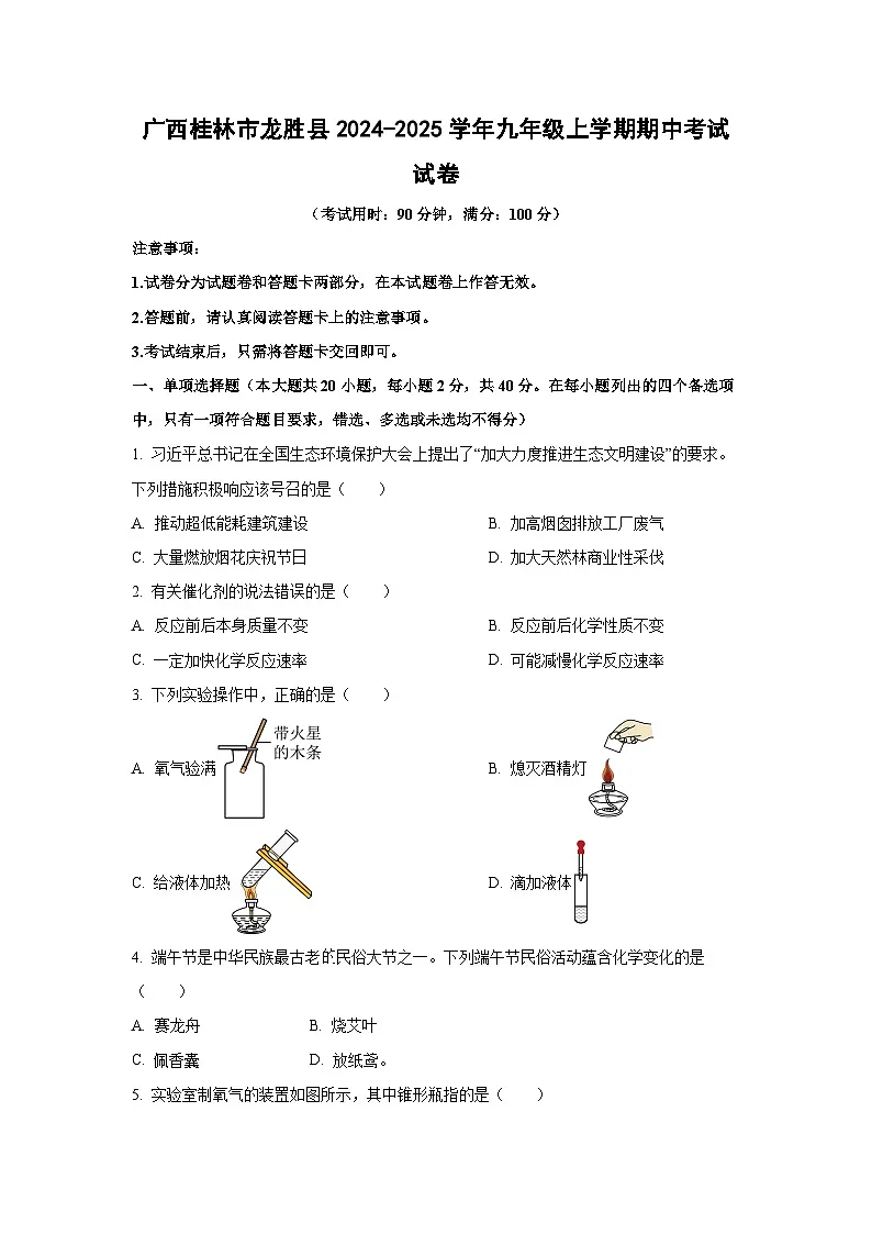 2024-2025学年广西桂林市龙胜县九年级上学期期中考试化学试卷（学生版）第1页