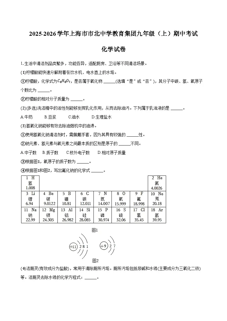 上海市市北中学教育集团2025-2026学年九年级（上）期中化学试卷（含答案）第1页
