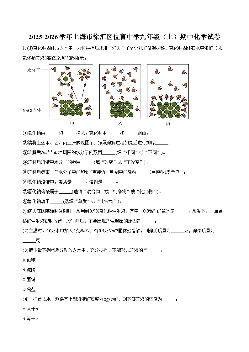 上海市徐汇区位育中学2025-2026学年九年级（上）期中化学试卷（含答案）第1页