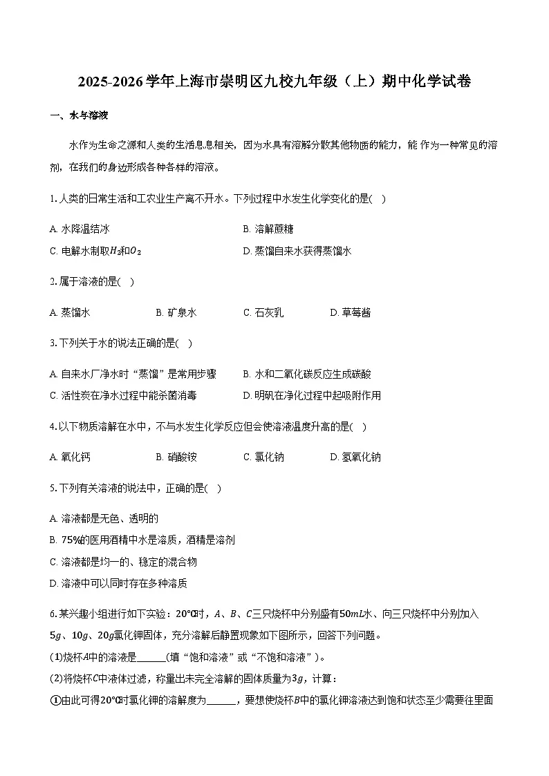 上海市崇明区九校2025-2026学年九年级（上）期中化学试卷（含答案）第1页
