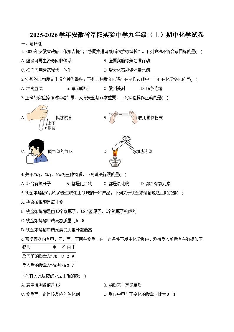 2025-2026学年安徽省阜阳实验中学九年级（上）期中化学试卷（含答案）第1页