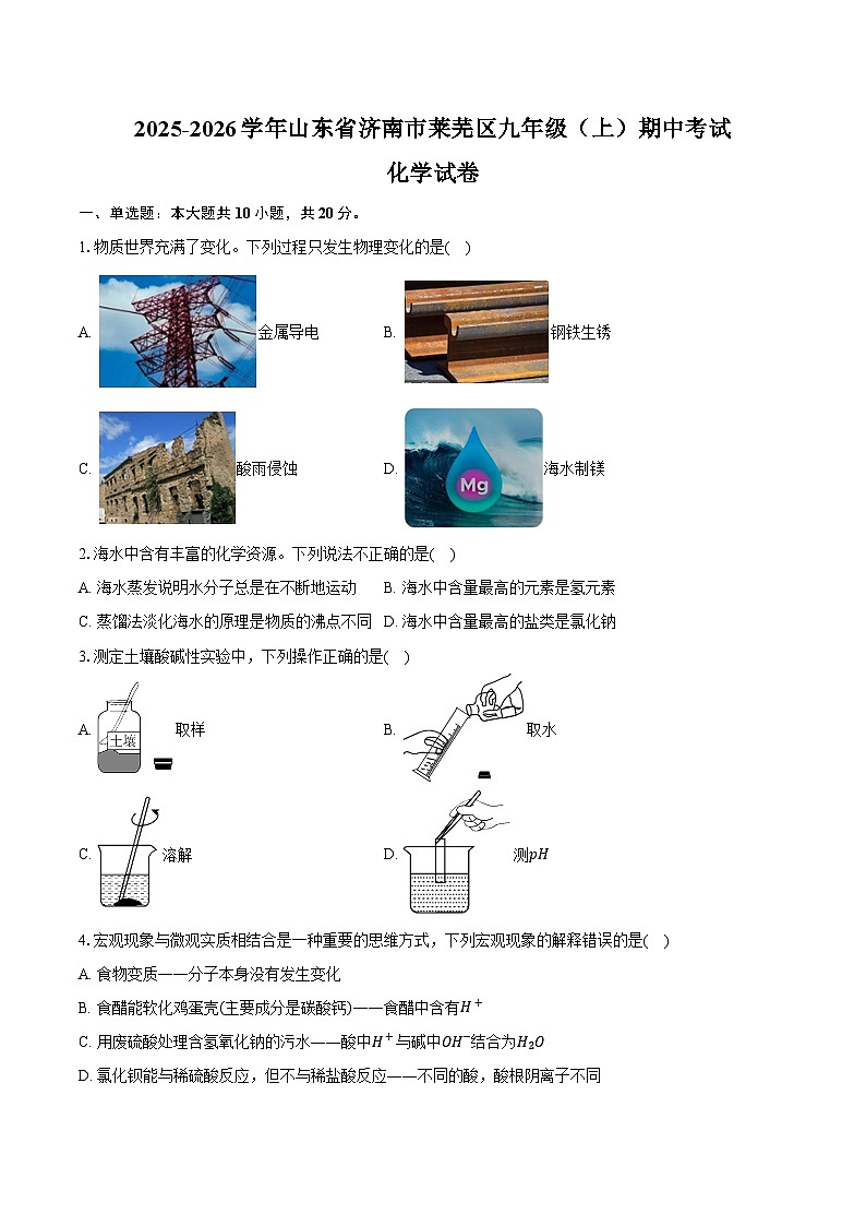 2025-2026学年山东省济南市莱芜区九年级（上）期中化学试卷（含答案）第1页