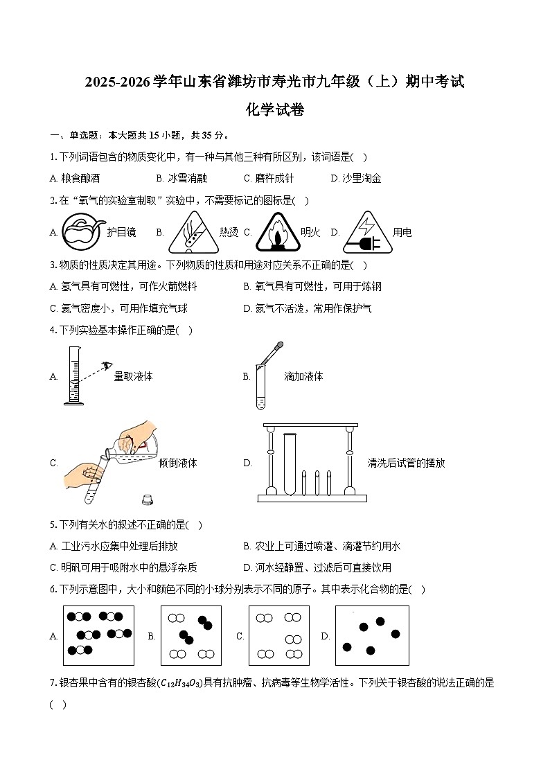 2025-2026学年山东省潍坊市寿光市九年级（上）期中化学试卷（含答案）第1页