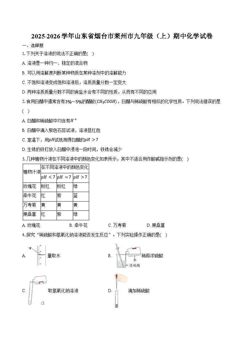 2025-2026学年山东省烟台市莱州市九年级（上）期中化学试卷（五四学制）（含答案）第1页