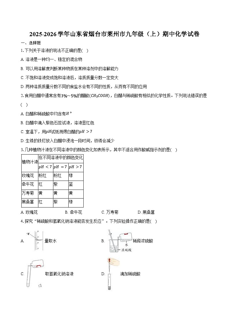 2025-2026学年山东省烟台市莱州市九年级（上）期中化学试卷（五四学制）（含答案）第1页