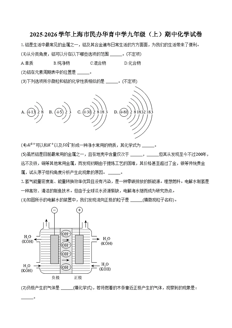 2025-2026学年上海市民办华育中学九年级（上）期中化学试卷（含答案）第1页