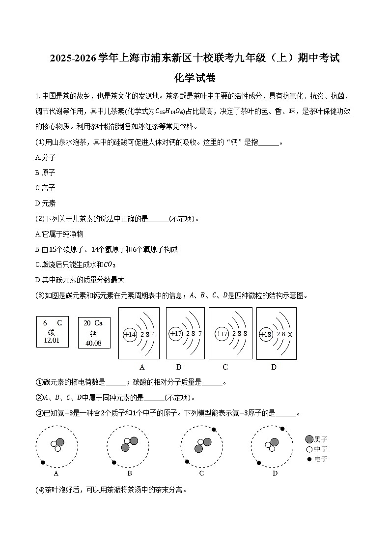 2025-2026学年上海市浦东新区十校联考九年级（上）期中化学试卷（含答案）第1页