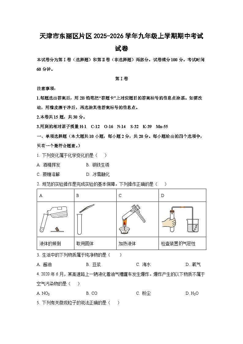 天津市东丽区片区2025-2026学年九年级上学期期中考试化学试卷（学生版）第1页