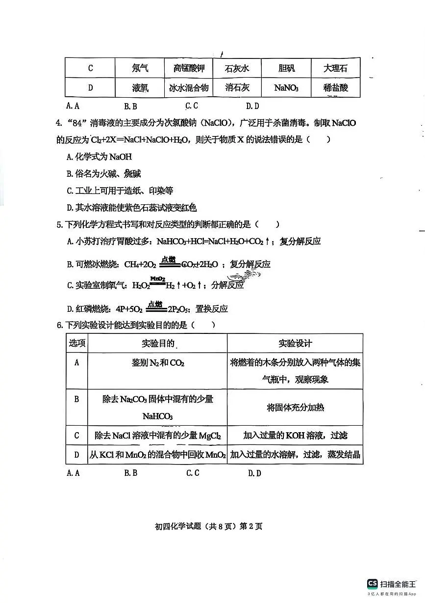 山东省济宁市济宁学院附属中学2025-2026学年九年级上学期期中考试化学试卷第2页