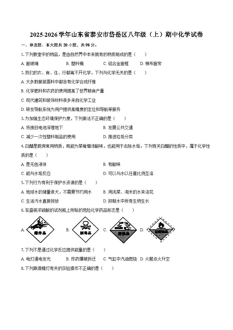 2025-2026学年山东省泰安市岱岳区八年级（上）期中化学试卷-自定义类型第1页