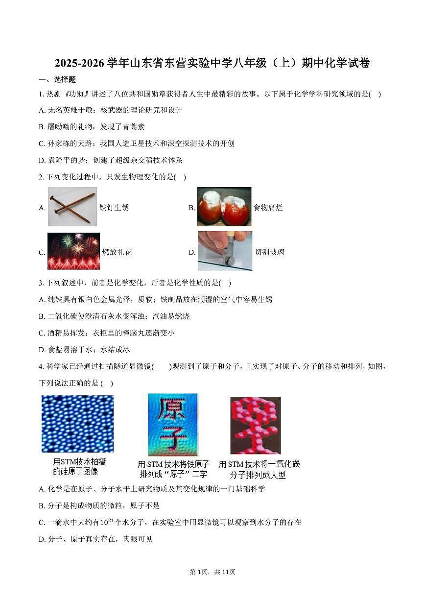 2025-2026学年山东省东营实验中学八年级（上）期中化学试卷（含答案）第1页