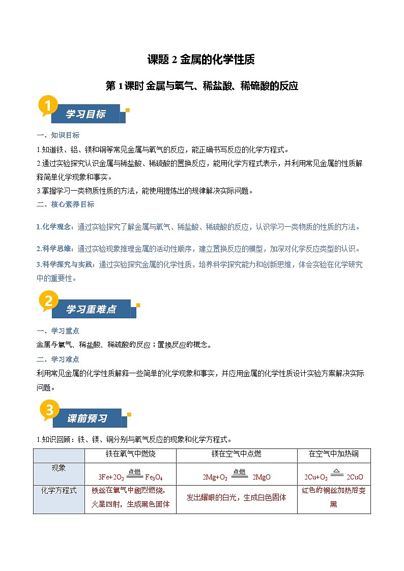 课题2 金属的化学性质 第1课时 金属与氧气、稀盐酸、稀硫酸的反应（导学案）化学新教材人教版九年级下册（解析版）第1页