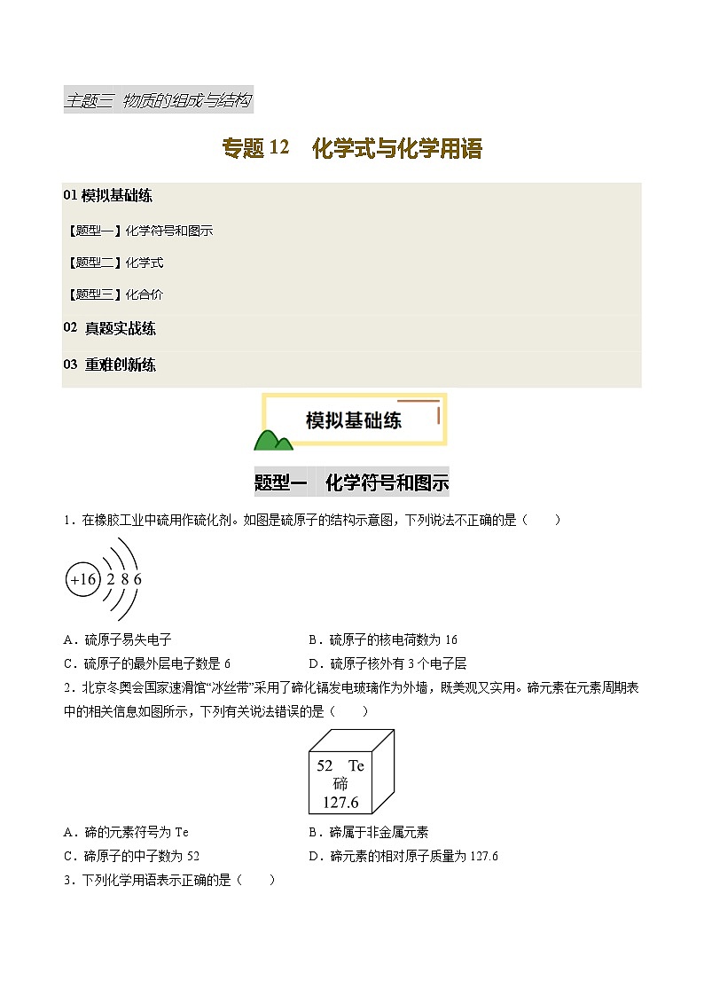 专题12 化学式与化学用语（练习）（原卷版）第1页