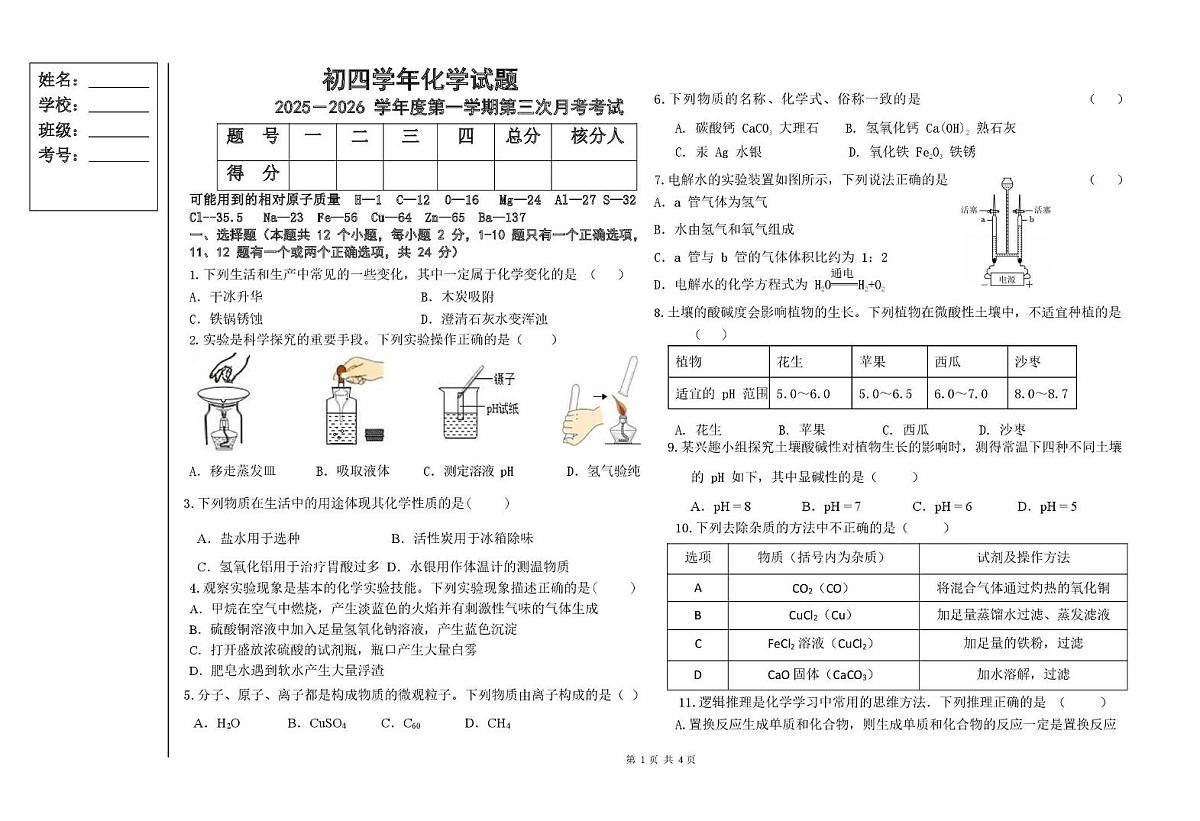 黑龙江省绥化市海伦市第十中学2025-2026学年九年级上学期12月月考化学试题（月考）第1页
