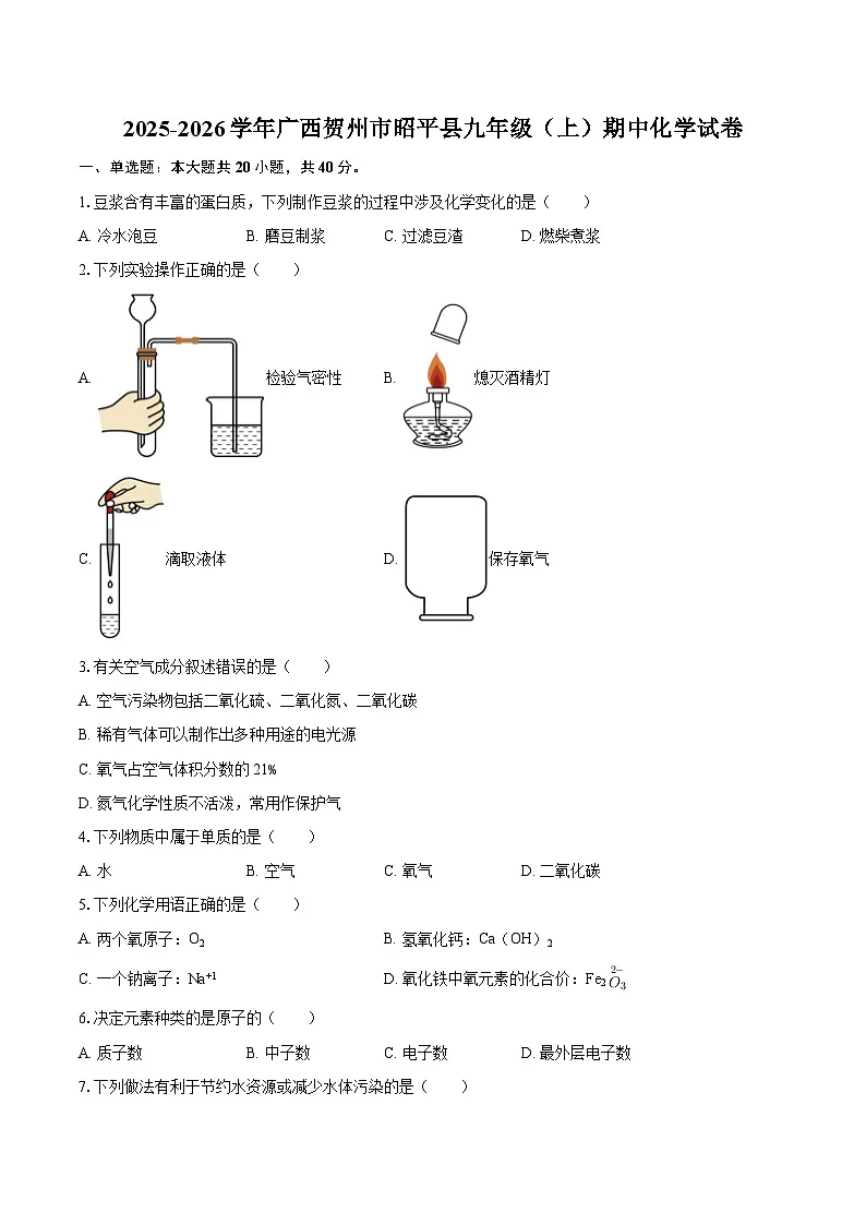 2025-2026学年广西贺州市昭平县九年级（上）期中化学试卷-自定义类型第1页