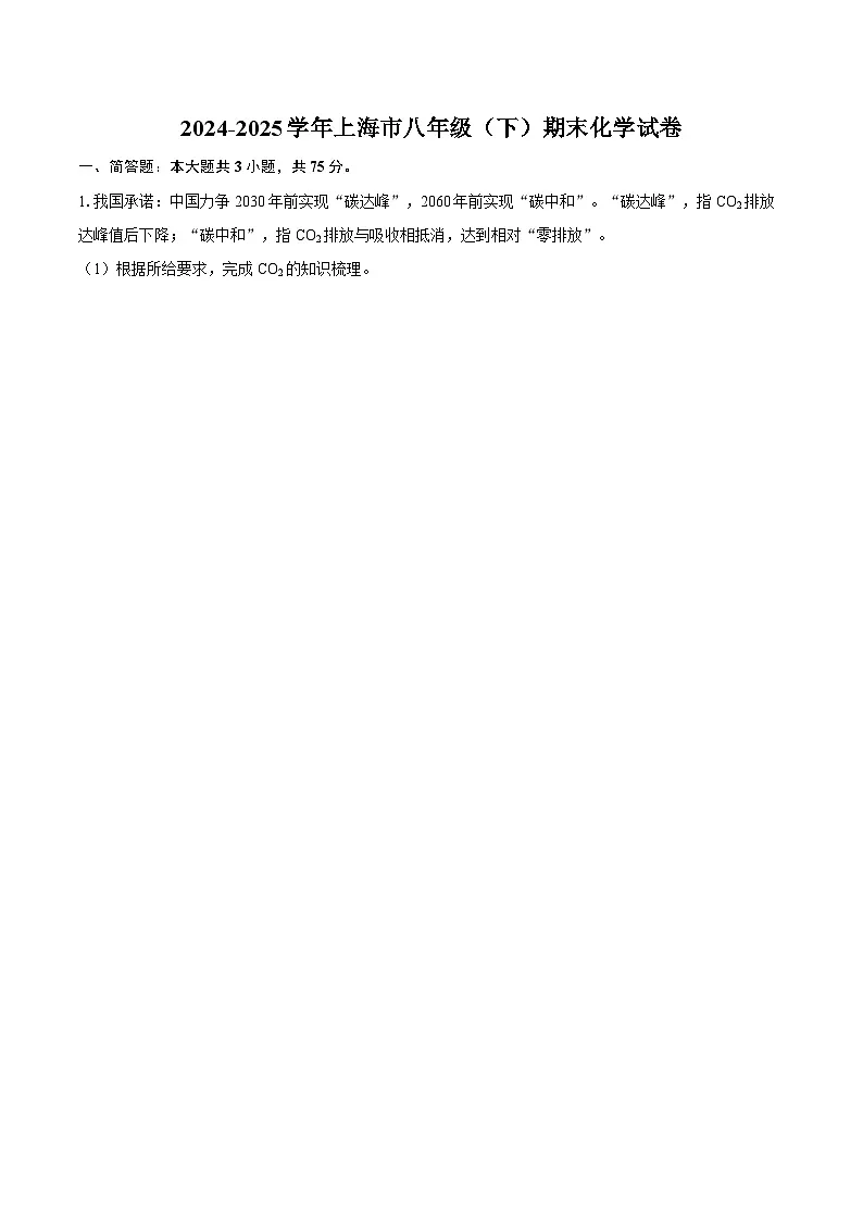 2024-2025学年上海市八年级（下）期末化学试卷-自定义类型第1页