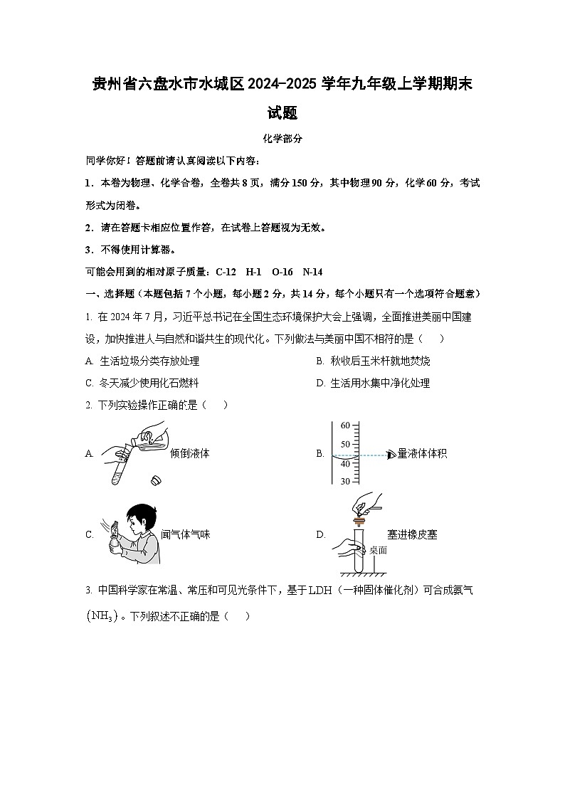贵州省六盘水市水城区2024-2025学年九年级上学期期末化学试卷（学生版）第1页