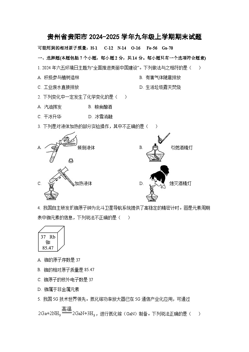 贵州省贵阳市2024-2025学年九年级上学期期末化学试卷（学生版）第1页