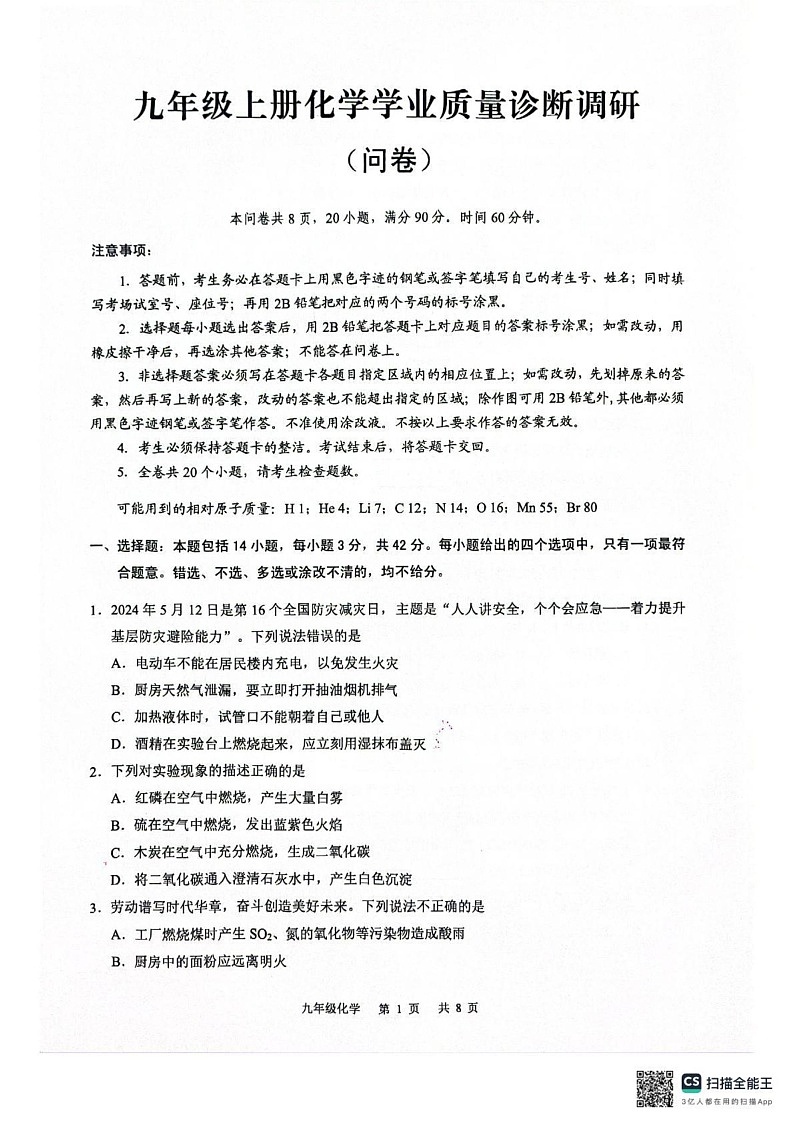 广东省广州市白云区2024-2025学年九年级上学期期末考试化学试卷第1页