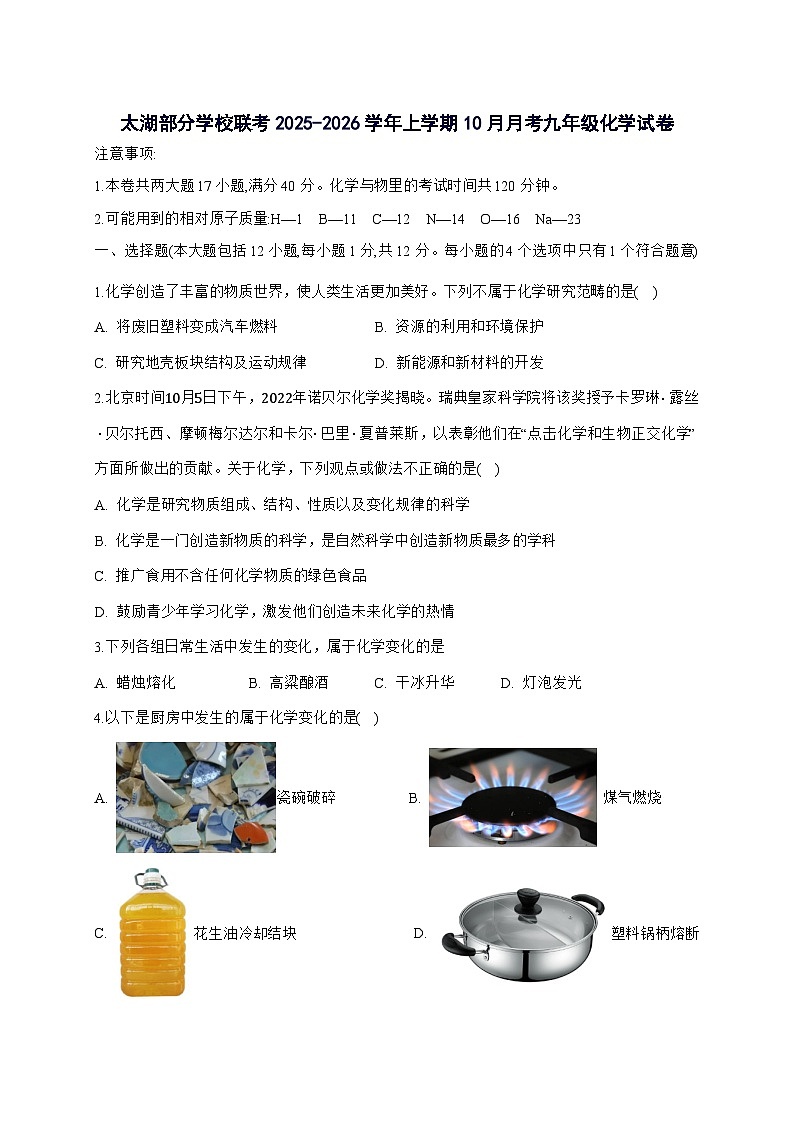 安徽省安庆市太湖县部分学校2026届九年级上册10月月考化学试题-附答案第1页