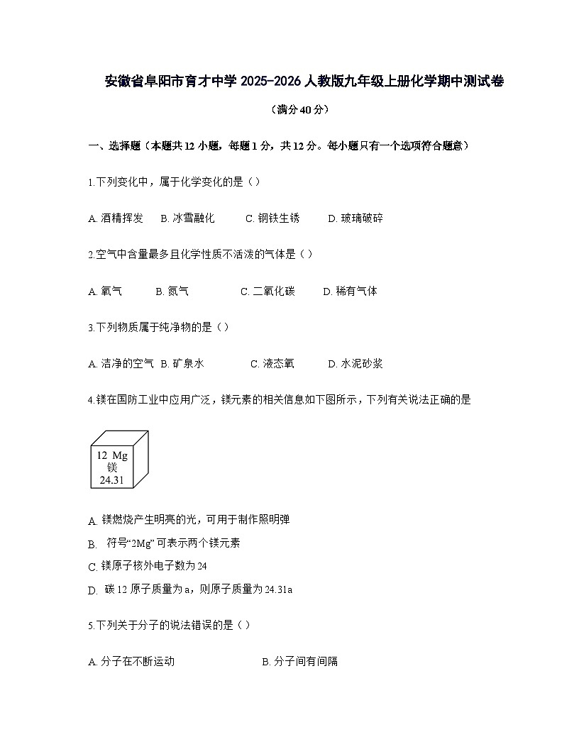 安徽省阜阳市育才中学2025_2026学年九年级上册期中测试化学试题-附答案第1页