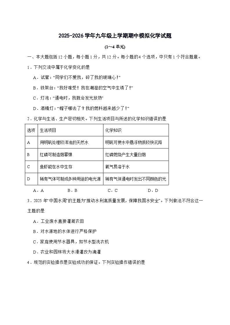 安徽省合肥市第四十二中学中铁国际城校区2025_2026学年九年级上册期中模拟化学试题-附答案第1页