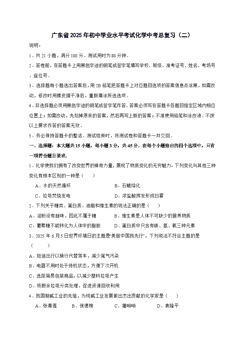 广东省2025年初中学业水平考试中考化学总复习（二）-含答案第1页
