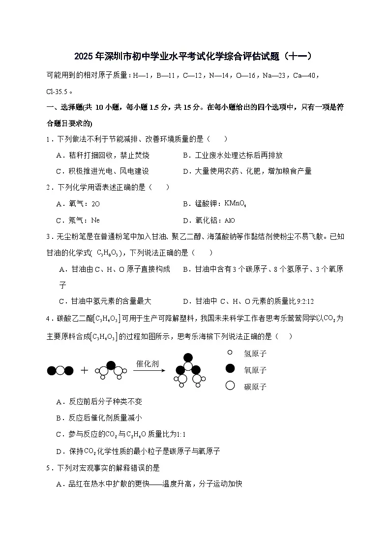 广东省深圳市2025年初中学业水平考试化学综合评估试卷（十一）-含答案第1页