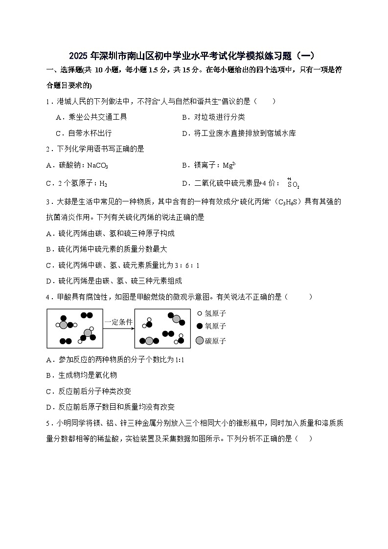 广东省深圳市南山区2025年初中学业水平考试化学模拟练习题（一）-含答案第1页