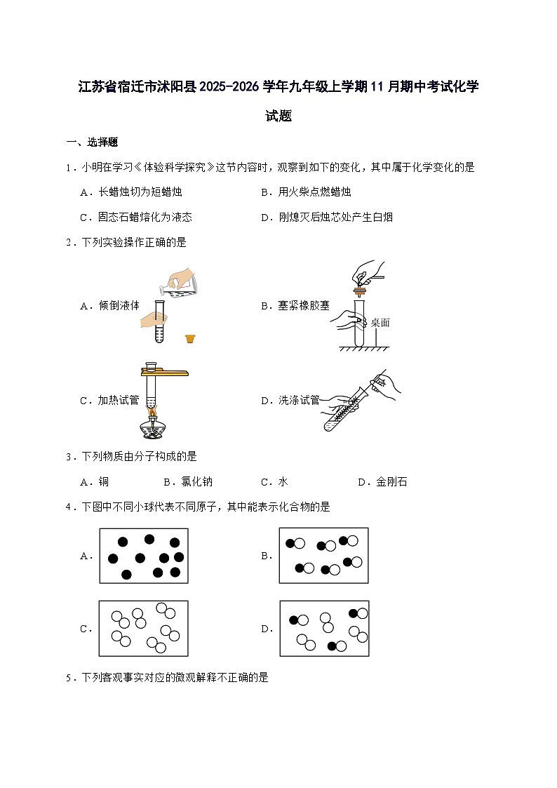 江苏省宿迁市沭阳县2025届九年级上册11月期中考试化学试题-附答案第1页