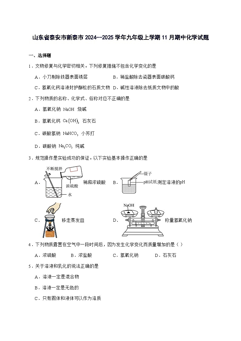 山东省泰安市新泰市2025届九年级上册11月期中化学试题-附答案第1页