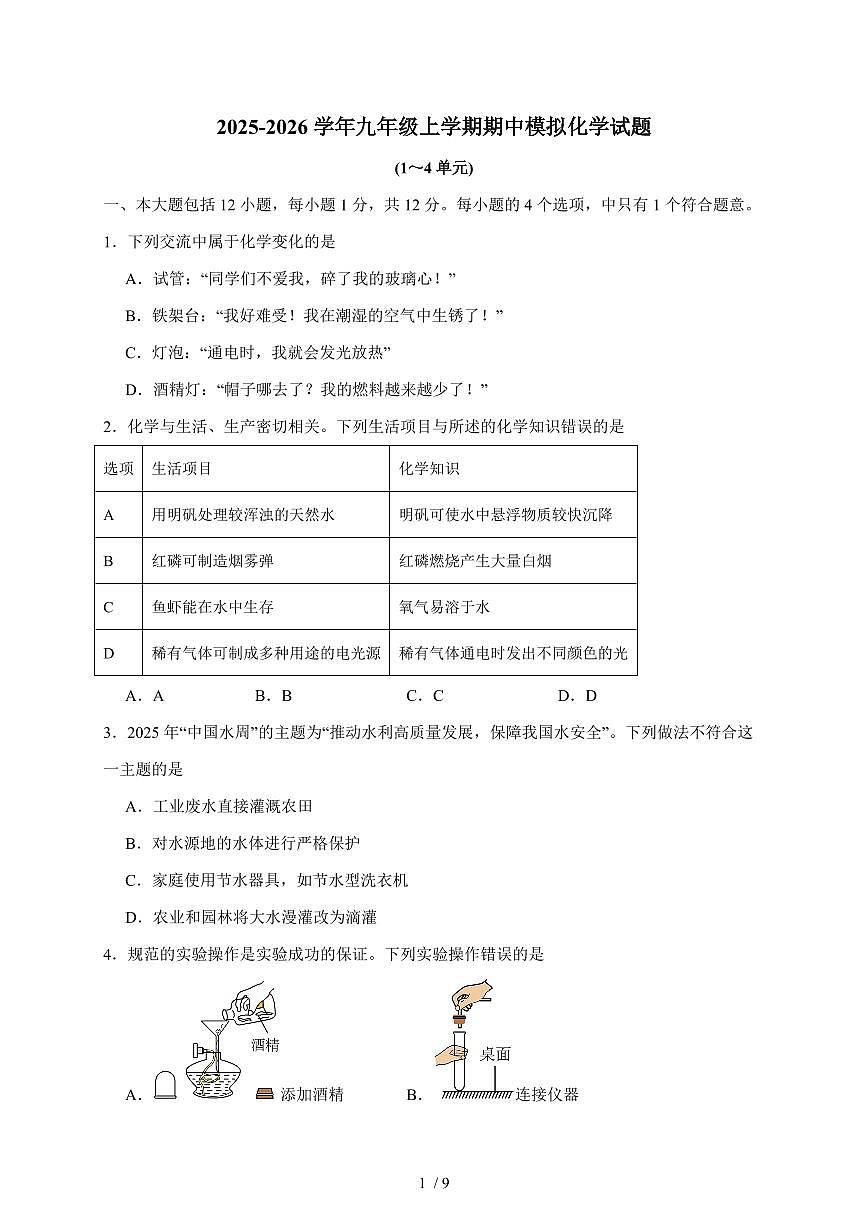安徽省合肥市第四十二中学中铁国际城校区2025~2026学年九年级上学期期中模拟化学试卷（含答案）第1页