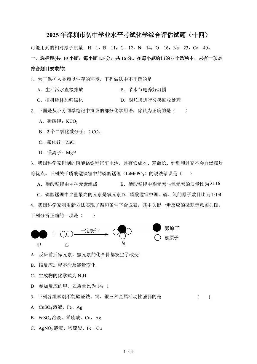 广东省深圳市2025年初中学业水平考试化学综合评估试卷（十四）（含答案）第1页